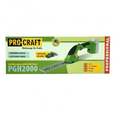 Akumuliatorinės žolės žirklės ProCraft PGH2000, 20 V, (be akum. ir krov.) 2