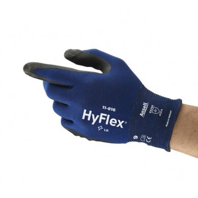 Apsauginės pirštinės Ansell HyFlex 11-816, 10 dydis,  itin plonos, nailonas, spandex. Nitrilo putų delno padengimas