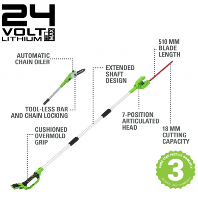 Greenworks G24PSH AUKŠTAPJOVĖS IR GYVATVORIŲ GENĖTUVO KOMPLEKTAS (24V be akumuliatorių ir kroviklio) 1