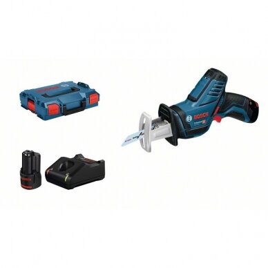 BOSCH GSA 12V-14 akumuliatorinis tiesinis pjūklas (12V 2 x 3Ah akumuliatoriai)