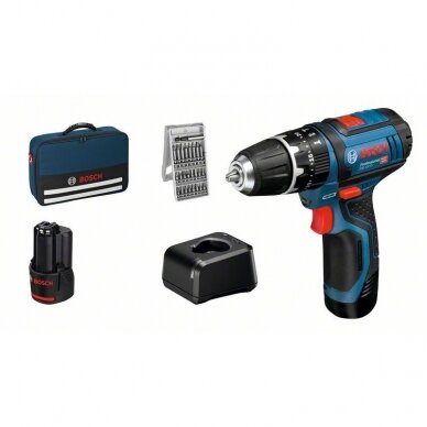 Bosch GSB 12V-15 Akumuliatorinis suktuvas/gręžtuvas su kalimo funkcija (12v 2x2.0Ah akumuliatoriai )