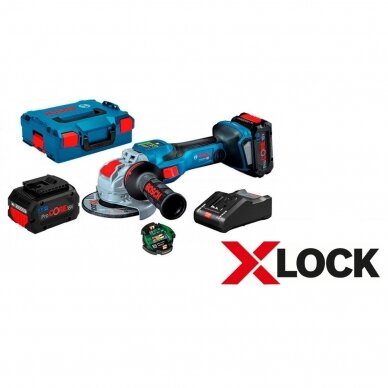 BOSCH GWX 18V-15 SC Akumuliatorinis kampinis šlifuoklis BITURBO su X-LOCK (18V Li-ion 2 x 8Ah akumuliatoriai)