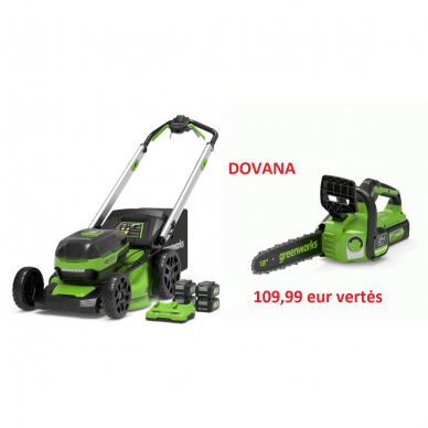 GREENWORKS SAVAEIGĖ VEJAPJOVĖ 46 cm 48V(2x24V) gd24x2lm46sp4k44X (su 4x4Ah akumuliatoriais) +  GD24CS30 AKUMULIATORINIS GRANDININIS PJŪKLAS