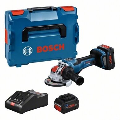 Bosch GWX 18V-15 PSC kampinis šlifuoklis: X-LOCK, „PROtection“ jungiklis ir greičio pasirinkimas 2x8.0Ah Pc GAL 18V-160, L-boxx