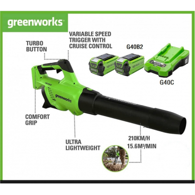 Greenworks G40AB akumuliatorinis pūstuvas ( 40V  2X2Ah akumuliatoriai ir kroviklis) 6