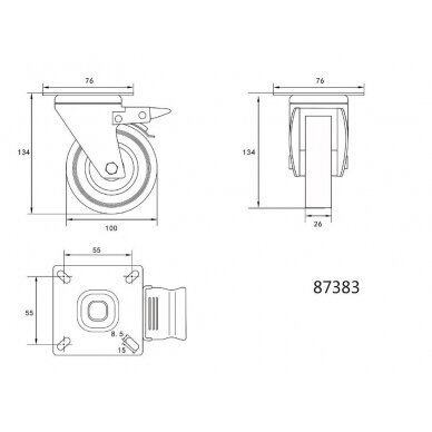 Ratukas vežimėliui d-100mm, 45kg, guminis, pilkas, pasukamas su stabdžiu Vorel 1