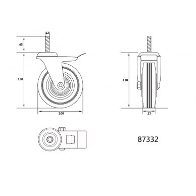 Ratukas vežimėliui d-100mm, 60kg, guminis, juodas, pasukamas su stabdžiu Vorel 1