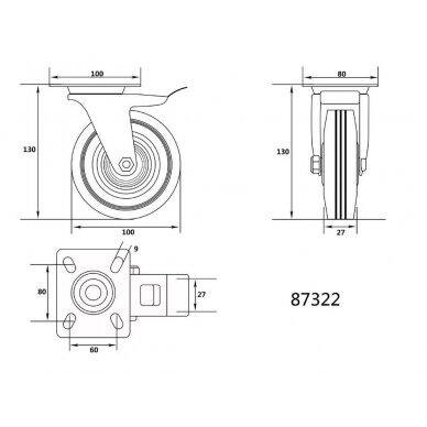 Ratukas vežimėliui d-100mm, 60kg, guminis, juodas, pasukamas su stabdžiu Vorel 1