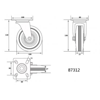 Ratukas vežimėliui d-100mm, 60kg, guminis, juodas, pasukamas Vorel 1