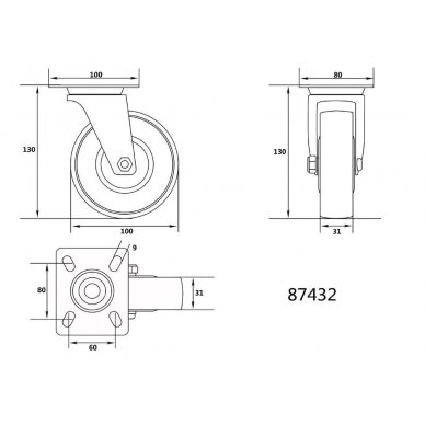 Ratukas vežimėliui d-100mm, 60kg, poliamidinis, pasukamas Vorel 1