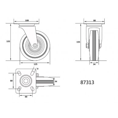 Ratukas vežimėliui d-125mm, 100kg, guminis, juodas, pasukamas Vorel 1