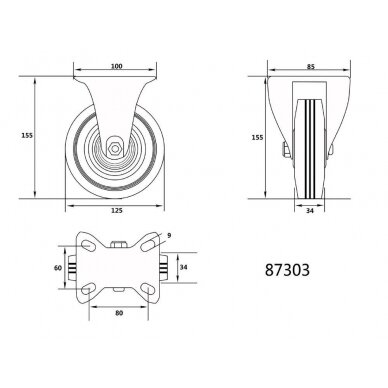 Ratukas vežimėliui d-125mm, 100kg, guminis, juodas Vorel 1