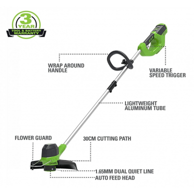 Greenworks G40LTK2 STYGINĖ ŽOLIAPJOVĖ (40V su 2Ah akumuliatoriumi ir krovikliu) 11