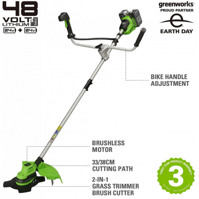 Greenworks GD24X2BCBK4x STYGINĖ ŽOLIAPJOVĖ (48V (2x24V) su dviem 4Ah akumuliatoriais) 1